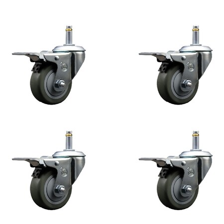 Service Caster 3'' Gray Polyurethane Swivel 7/16'' Stem Caster Set with Total Lock Brake, 4PK SCC-GRTTL20S314-PPUB-716138-4